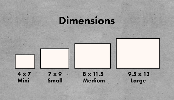 Sizing dimensions 4x7=Mini 7x9=Small 8x11.5=Medium 9.5x13=Large